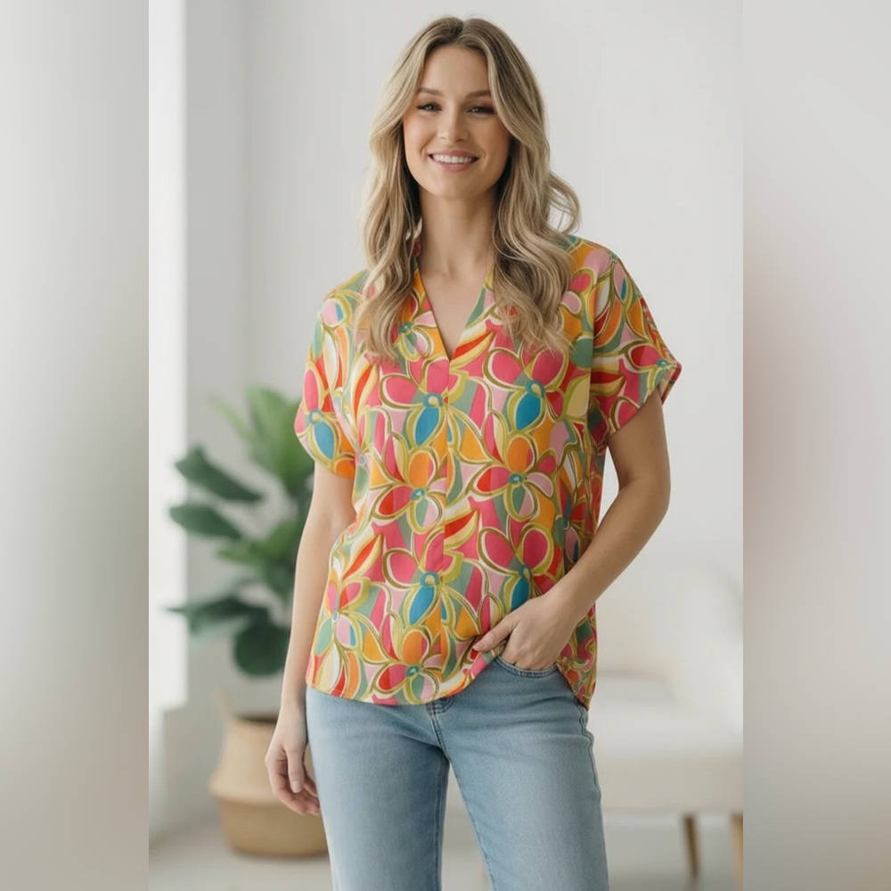 V-Neck Floral Geo Print Short Sleeve Top - Pink & Yellow